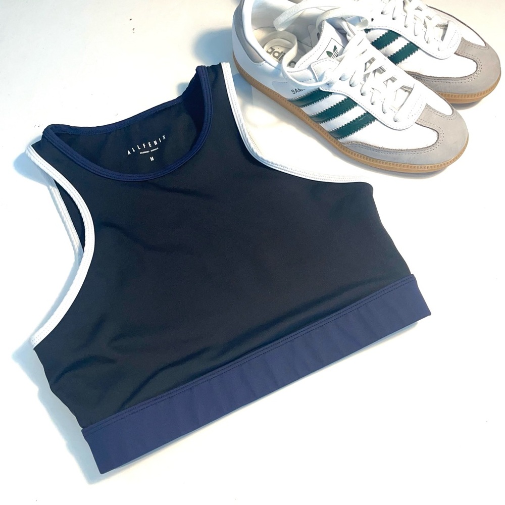 Blue, black and white sports bra.